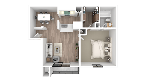 a 3d floor plan of a bedroom with a bathroom and a living room